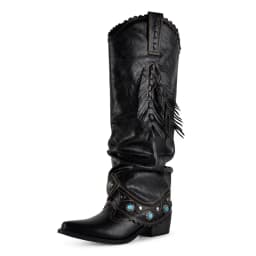 Onlymaker Black Ruched Fringe Western Cowboy Boots Block Heel Pull On Turquoise Studded Embellished Western Knee High Boots