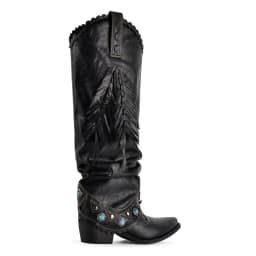Onlymaker Black Ruched Fringe Western Cowboy Boots Block Heel Pull On Turquoise Studded Embellished Western Knee High Boots