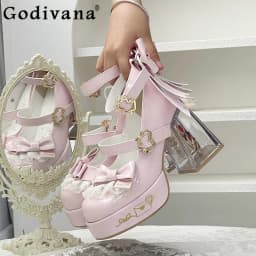 Original Design Lolita High Heeled Shoes Women Round Head Thick Sole Cute Shoes Female Versatile Elegant Mary Jane Pumps