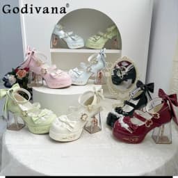 Original Design Lolita High Heeled Shoes Women Round Head Thick Sole Cute Shoes Female Versatile Elegant Mary Jane Pumps