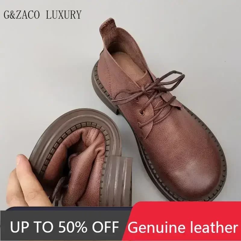 Genuine Leather Wide Toe Women's Shoes Spring Cowhide Short Boots Soft Sole Lace-up High-top Original Single Shoes