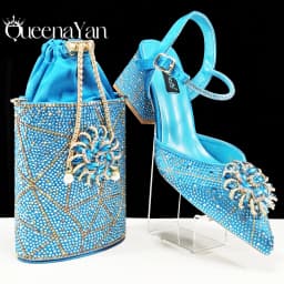 QueenaYan African Ladies Elegant Pointed Toe Shoes with shiny Metal Stand Bag Women Party Shoes or Commuting Shoes and Bag Set