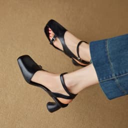 NEW Summer Women Sandals Split Leather Shoes for Women Square Toe Kitten Heel Shoe Narrow Band Bcukle Strap Shoes Modern Sandals