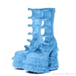 Red Lace Platform Lolita Sandals Women Round Toe Hollow Chiffons Chunky Heel Sweet Wedding Shoes New Cute Cosplay Long Sandals