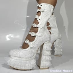 Red Lace Platform Lolita Sandals Women Round Toe Hollow Chiffons Chunky Heel Sweet Wedding Shoes New Cute Cosplay Long Sandals