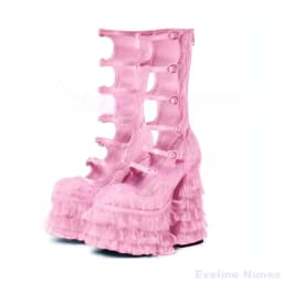 Red Lace Platform Lolita Sandals Women Round Toe Hollow Chiffons Chunky Heel Sweet Wedding Shoes New Cute Cosplay Long Sandals