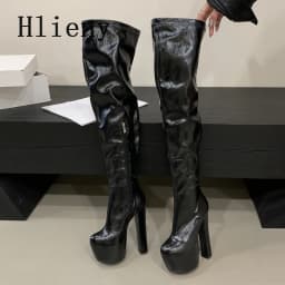Hlieny Winter Fashion Over The Knee Boots Round Toe Platform Punk Style Platform Woman Chunky Square High Heels Shoes