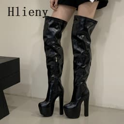 Hlieny Winter Fashion Over The Knee Boots Round Toe Platform Punk Style Platform Woman Chunky Square High Heels Shoes