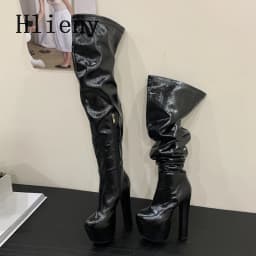 Hlieny Winter Fashion Over The Knee Boots Round Toe Platform Punk Style Platform Woman Chunky Square High Heels Shoes
