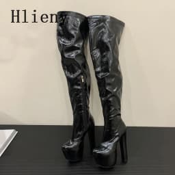Hlieny Winter Fashion Over The Knee Boots Round Toe Platform Punk Style Platform Woman Chunky Square High Heels Shoes
