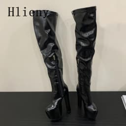 Hlieny Winter Fashion Over The Knee Boots Round Toe Platform Punk Style Platform Woman Chunky Square High Heels Shoes