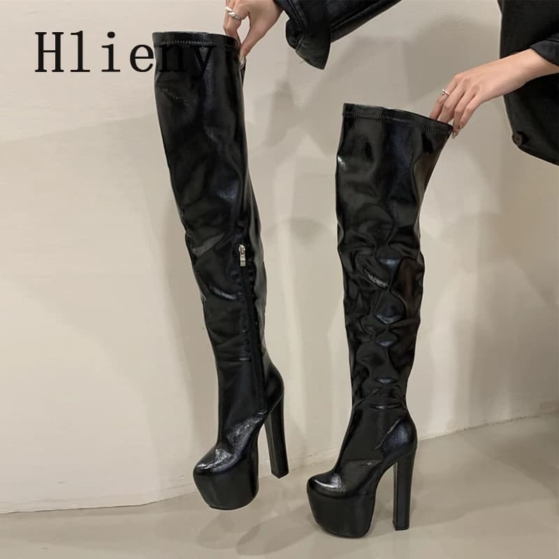 Hlieny Winter Fashion Over The Knee Boots Round Toe Platform Punk Style Platform Woman Chunky Square High Heels Shoes