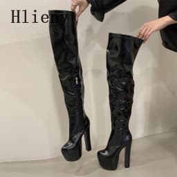 Hlieny Winter Fashion Over The Knee Boots Round Toe Platform Punk Style Platform Woman Chunky Square High Heels Shoes