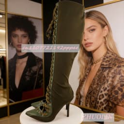 Women'S Military Green Cross-Strap Knee-High Boots Elegant Satin Stiletto Heel Pointed Toe Stretch Boots Fashion Dress Long Boot