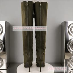 Women'S Military Green Cross-Strap Knee-High Boots Elegant Satin Stiletto Heel Pointed Toe Stretch Boots Fashion Dress Long Boot
