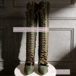 Women'S Military Green Cross-Strap Knee-High Boots Elegant Satin Stiletto Heel Pointed Toe Stretch Boots Fashion Dress Long Boot