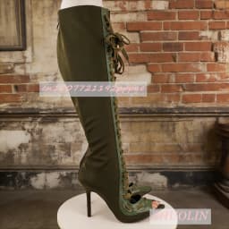 Women'S Military Green Cross-Strap Knee-High Boots Elegant Satin Stiletto Heel Pointed Toe Stretch Boots Fashion Dress Long Boot