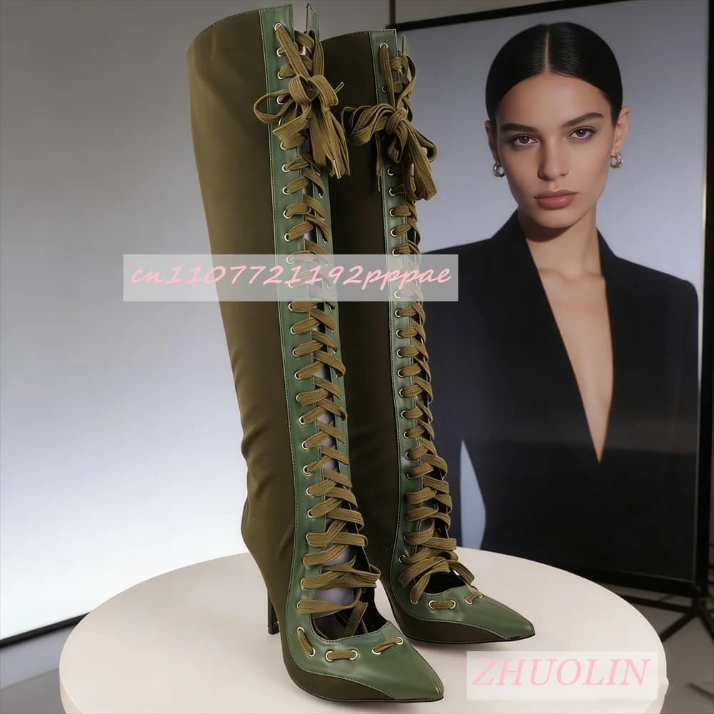 Women'S Military Green Cross-Strap Knee-High Boots Elegant Satin Stiletto Heel Pointed Toe Stretch Boots Fashion Dress Long Boot