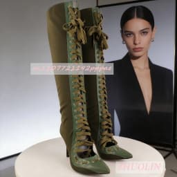 Women'S Military Green Cross-Strap Knee-High Boots Elegant Satin Stiletto Heel Pointed Toe Stretch Boots Fashion Dress Long Boot