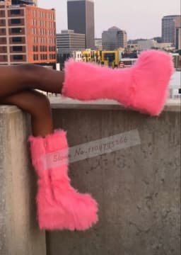 Women Sweet Pink Furry Wedge Heel Mid-Calf Boots Platform Cute Fluffy Plush Boots Zipped Soft Fur Warm Shoes Fall Winter