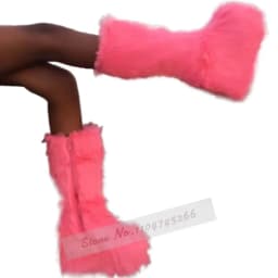 Women Sweet Pink Furry Wedge Heel Mid-Calf Boots Platform Cute Fluffy Plush Boots Zipped Soft Fur Warm Shoes Fall Winter