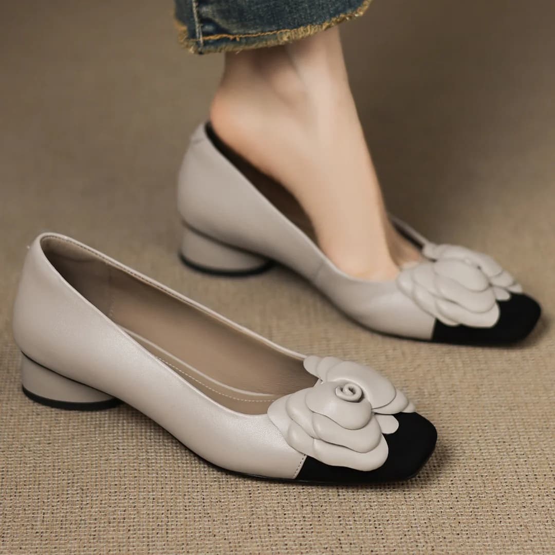 Plus size 34-41 women's sheepskin mix color patchwork slip-on pumps flower decoration OL style daily slim dress heeled shoes hot