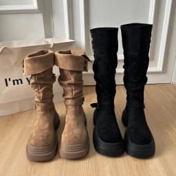 Retro Ruched Leather Long Boots for 2026 Winter, Fashionable and Versatile Style Round Head Platform Thick-soled Women's Boots