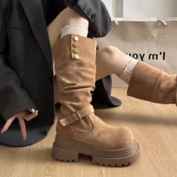 Retro Ruched Leather Long Boots for 2026 Winter, Fashionable and Versatile Style Round Head Platform Thick-soled Women's Boots