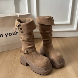 Retro Ruched Leather Long Boots for 2026 Winter, Fashionable and Versatile Style Round Head Platform Thick-soled Women's Boots