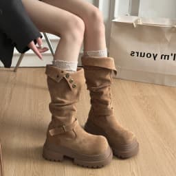 Retro Ruched Leather Long Boots for 2026 Winter, Fashionable and Versatile Style Round Head Platform Thick-soled Women's Boots