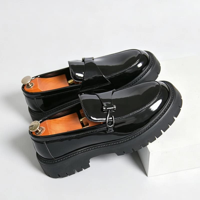 Men 4.5CM Height Increasing Loafers Thick Platform Leather Shoes Slip On Metal Buckle Business Casual Non Slip Work Dress Shoes
