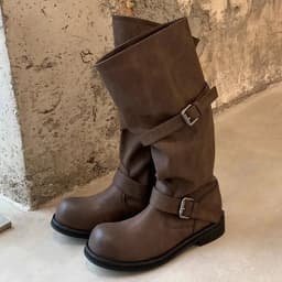 Eilyken Vintage Style Women Knee-High Boots Fashion Round Toe Belt Buckle Shoes Autumn Winter Long Botas Mujer