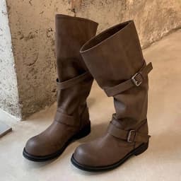 Eilyken Vintage Style Women Knee-High Boots Fashion Round Toe Belt Buckle Shoes Autumn Winter Long Botas Mujer