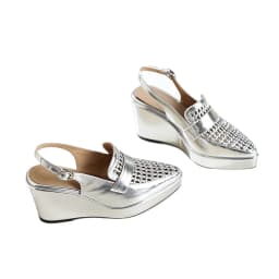 Summer Vacation Style Silver Cowhide Hollow Wedge Sandals Square Head Thick Sole One-Button Sandals Muffin Bottom Beach Shoes