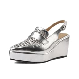 Summer Vacation Style Silver Cowhide Hollow Wedge Sandals Square Head Thick Sole One-Button Sandals Muffin Bottom Beach Shoes