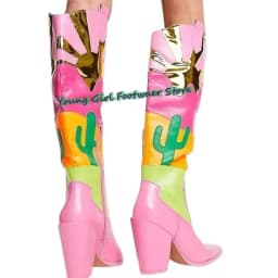 Color Blocking Pointed-Toe Leather Shoes Thick Heel Orange Boots Western Cowboy Runway Women's Boots Luxury High Heels