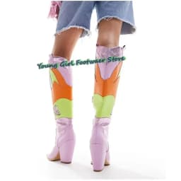 Color Blocking Pointed-Toe Leather Shoes Thick Heel Orange Boots Western Cowboy Runway Women's Boots Luxury High Heels