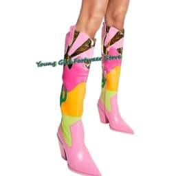 Color Blocking Pointed-Toe Leather Shoes Thick Heel Orange Boots Western Cowboy Runway Women's Boots Luxury High Heels