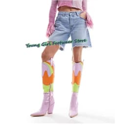 Color Blocking Pointed-Toe Leather Shoes Thick Heel Orange Boots Western Cowboy Runway Women's Boots Luxury High Heels