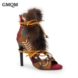 GMQM Women's High Heel Short Boots Open-Toe Zip Lace-Up Plush Strap Sandals Trendy Fashion Show Footwear Lady Cowboy Brown Pumps