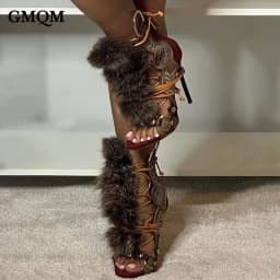 GMQM Women's High Heel Short Boots Open-Toe Zip Lace-Up Plush Strap Sandals Trendy Fashion Show Footwear Lady Cowboy Brown Pumps