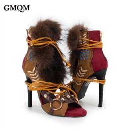 GMQM Women's High Heel Short Boots Open-Toe Zip Lace-Up Plush Strap Sandals Trendy Fashion Show Footwear Lady Cowboy Brown Pumps