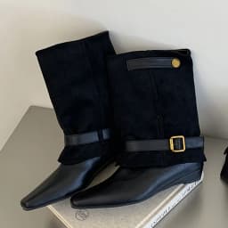 Eilyken New Fashion Splicing Wedges Low Heels Ankle Boots Woman Pointed Toe Shoes Vintage Style Belt Buckle Botas Feminina