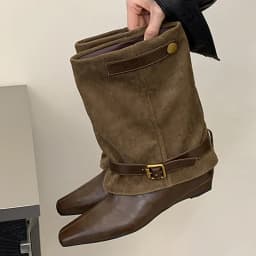 Eilyken New Fashion Splicing Wedges Low Heels Ankle Boots Woman Pointed Toe Shoes Vintage Style Belt Buckle Botas Feminina