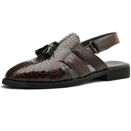 Men's Leather Sandals for Everyday Office Wear Slip-on Sandals Casual Dress Shoes Crocodile Pattern Tassel Low-heel Sandals