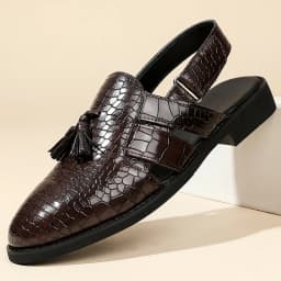 Men's Leather Sandals for Everyday Office Wear Slip-on Sandals Casual Dress Shoes Crocodile Pattern Tassel Low-heel Sandals