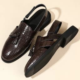 Men's Leather Sandals for Everyday Office Wear Slip-on Sandals Casual Dress Shoes Crocodile Pattern Tassel Low-heel Sandals