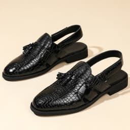 Men's Leather Sandals for Everyday Office Wear Slip-on Sandals Casual Dress Shoes Crocodile Pattern Tassel Low-heel Sandals