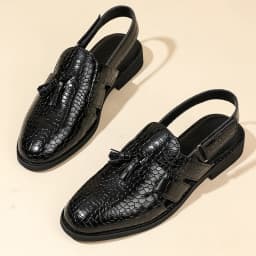 Men's Leather Sandals for Everyday Office Wear Slip-on Sandals Casual Dress Shoes Crocodile Pattern Tassel Low-heel Sandals