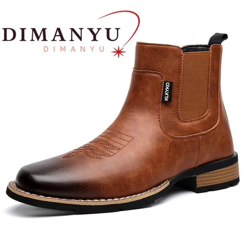 DIMANYU Men's Western Cowboy Chelsea Boots Vintage Men Ankle Boots Slip‑On Fashion Large Size Short Booties For Men